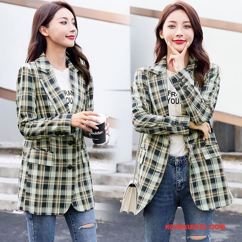 Dam Blazer Billig Kostymjacka Casual Mode Plaid Tunn Grön