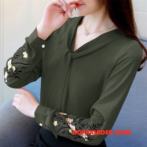 Dam Blus Till Salu Chiffong 2018 Elegant Blomma Mode Army Grön Till