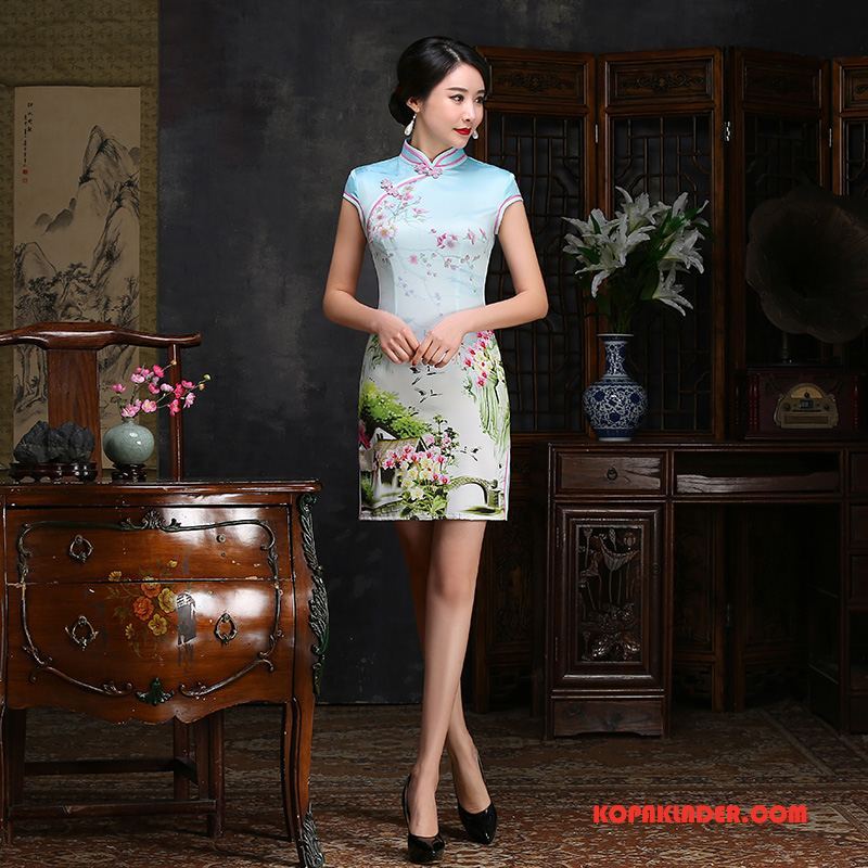 Dam Cheongsam På Nätet 2018 Trend Elegant Tunn Klänning Blå