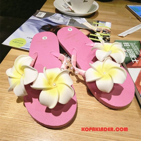 Dam Flip-flops Online Tofflor Blommor Stranden Pärlor Kvinna Beige Röd