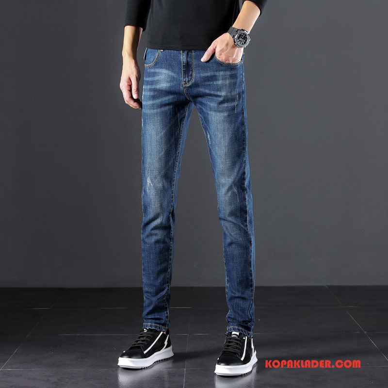 Herr Jeans Billig Rakt Ny Stretch Slim Fit Denim Blå