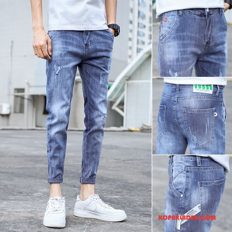 Herr Jeans Billigt Trend Trend Varumärke Slim Fit Byxor Casual Mörkblå Ljus