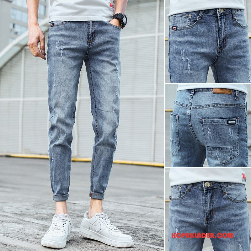 Herr Jeans Billigt Trend Trend Varumärke Slim Fit Byxor Casual Mörkblå Ljus