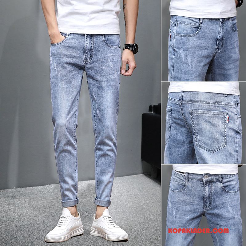 Herr Jeans Billigt Trend Trend Varumärke Slim Fit Byxor Casual Mörkblå Ljus