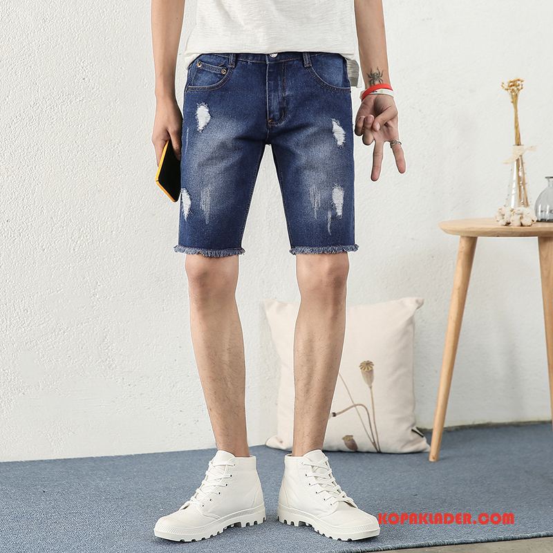 Herr Jeans På Nätet Hål Shorts Rakt Sommar Trend Ljusblå