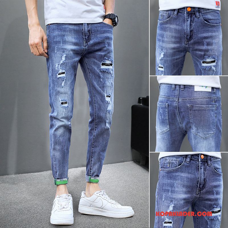 Herr Jeans På Nätet Sommar Män Trend Vacker Slim Fit Ljus Blå