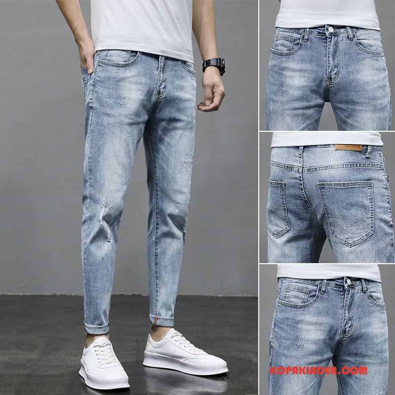 Herr Jeans På Nätet Sommar Män Trend Vacker Slim Fit Ljus Blå