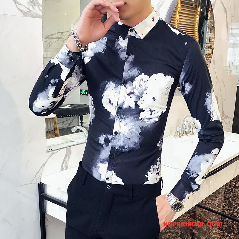 Herr Skjorta Billigt Personlighet Kinesisk Stil Bläck Målning Vår Slim Fit Vit