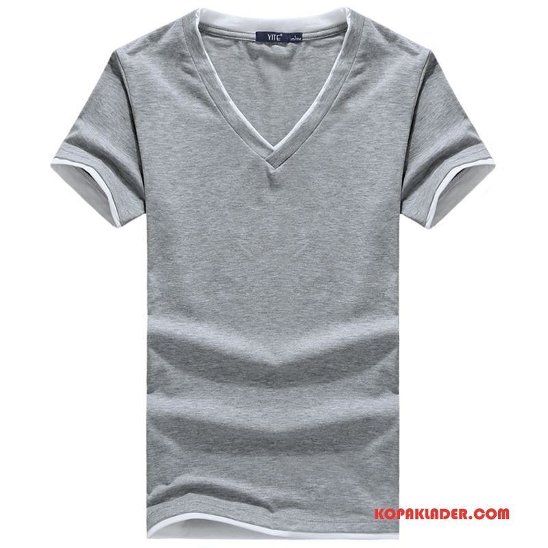 Herr T-shirts Online Bottenskjorta Sommar Hals V Slim Fit Bomull Till Violett Vit