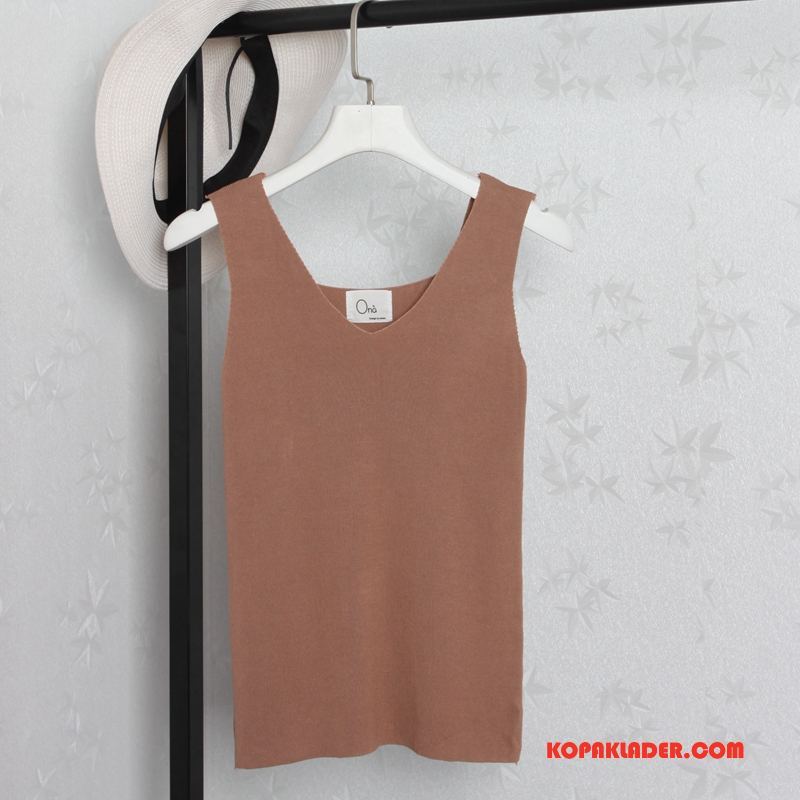 Dam Camisole Billigt Trend Linnen Elegant Rakt 2018 Karamell Till