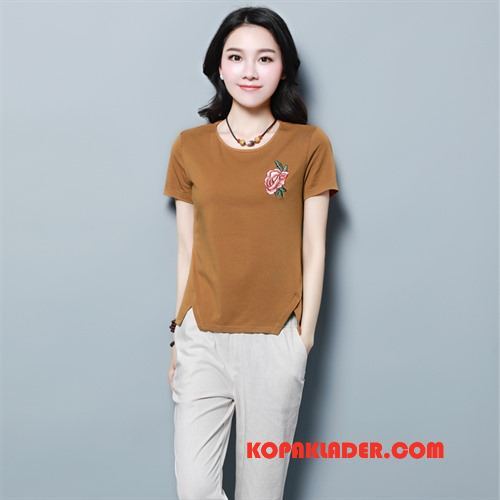 Dam T-shirts Butik Sommar Broderi Rund Hals 2018 Sy