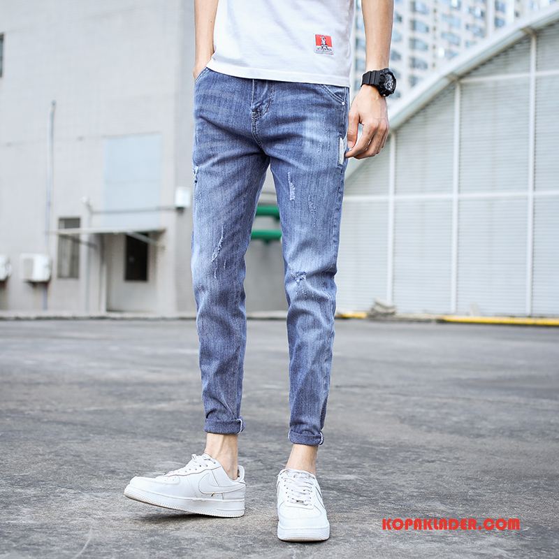 Herr Jeans Billigt Trend Trend Varumärke Slim Fit Byxor Casual Mörkblå Ljus